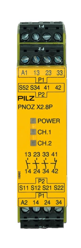 Pilz PNOZ X2.8P Safety Relay with 3 NO and 1 NC Outputs, 24–240 V AC/DC, Plug-In Terminals
