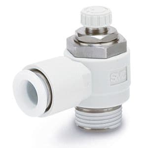 SMC Right-angle flow-control elbow M5 port to Ø4 mm tube meter-out 0.1–1 MPa